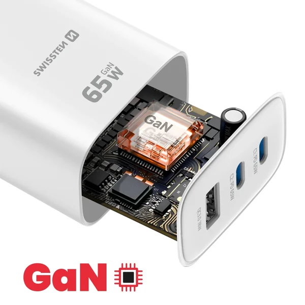 Зарядно Swissten Edge GaN, 2x USB-C, PD, 65W + 1x USB-A, 18W, QC, бял 6