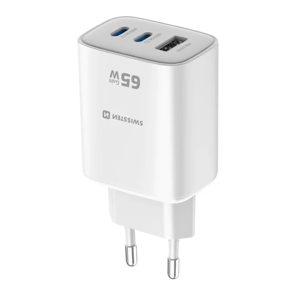 Зарядно Swissten Edge GaN, 2x USB-C, PD, 65W + 1x USB-A, 18W, QC, бял 2