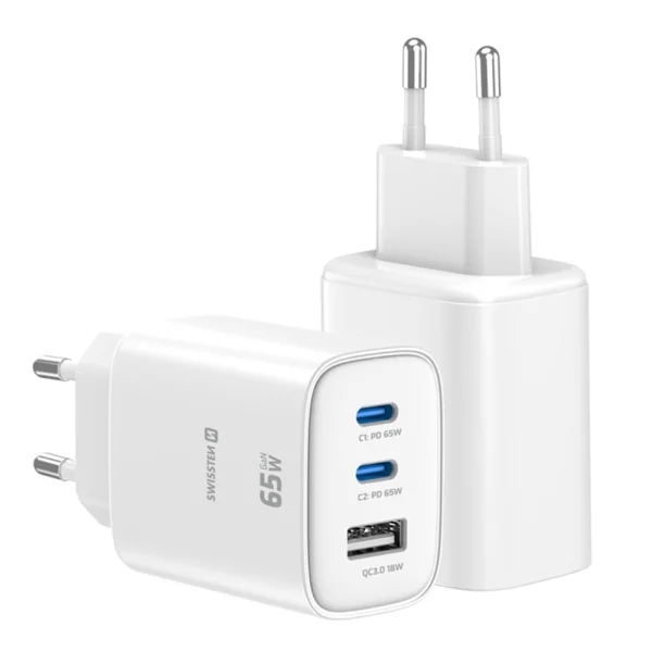 Зарядно Swissten Edge GaN, 2x USB-C, PD, 65W + 1x USB-A, 18W, QC, бял 4