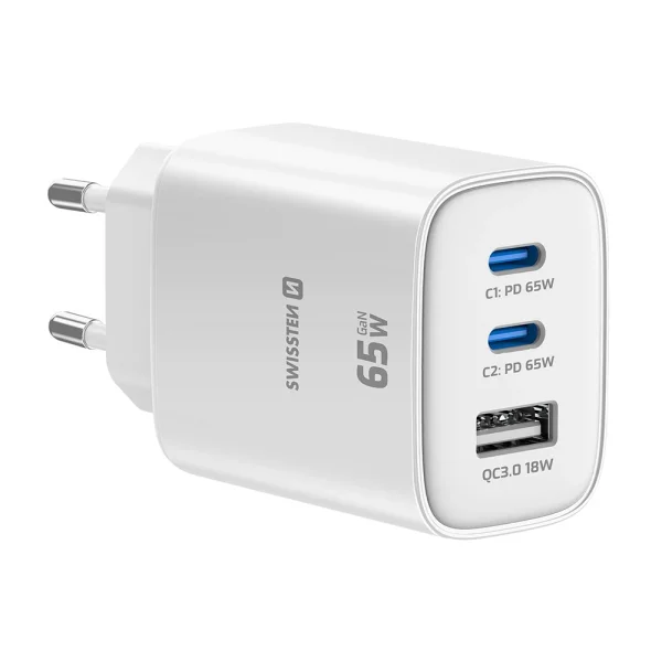 Зарядно Swissten Edge GaN, 2x USB-C, PD, 65W + 1x USB-A, 18W, QC, бял 1
