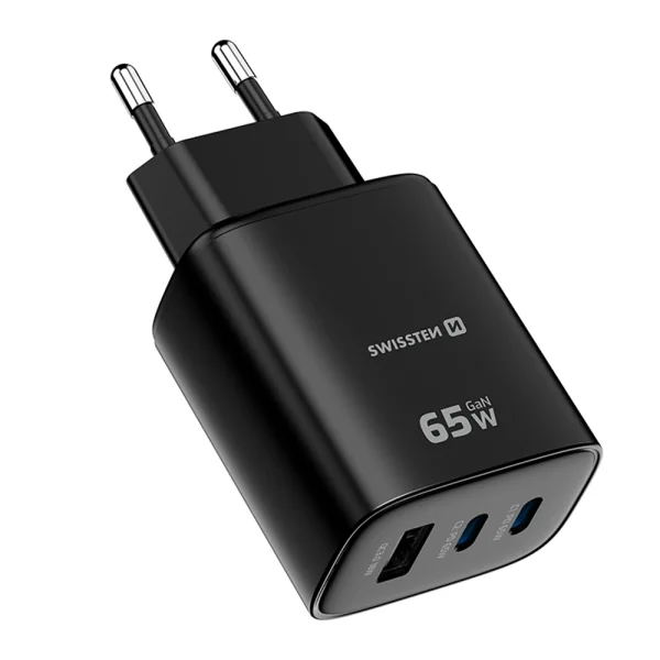 Зарядно Swissten Edge GaN, 2x USB-C, PD, 65W + 1x USB-A, 18W, QC, черен 3