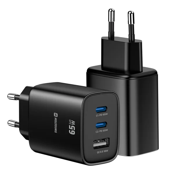 Зарядно Swissten Edge GaN, 2x USB-C, PD, 65W + 1x USB-A, 18W, QC, черен 2