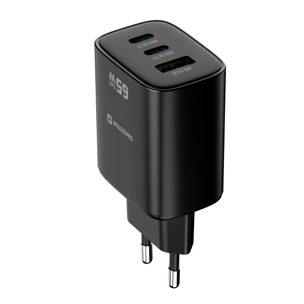 Зарядно Swissten Edge GaN, 2x USB-C, PD, 65W + 1x USB-A, 18W, QC, черен 5