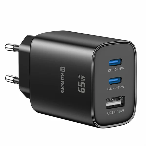 Зарядно Swissten Edge GaN, 2x USB-C, PD, 65W + 1x USB-A, 18W, QC, черен 1