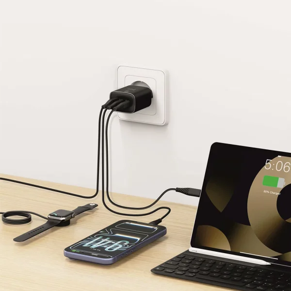 Зарядно Swissten Edge GaN, 2x USB-C, PD, 65W + 1x USB-A, 18W, QC, черен 6
