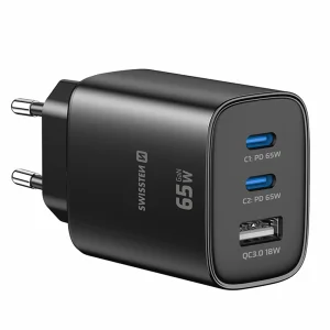 Зарядно Swissten Edge GaN, 2x USB-C, PD, 65W + 1x USB-A, 18W, QC, черен