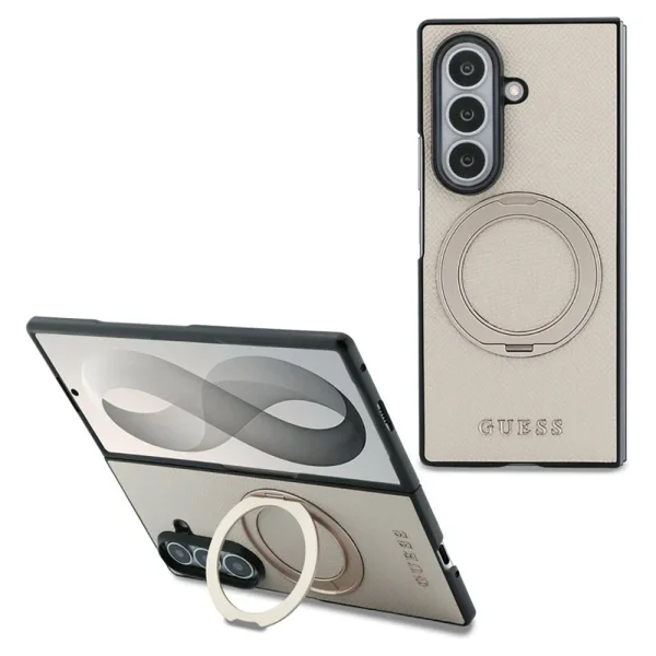 Калъф Guess Ring Stand Grained Classic Logo, съвместим с MagSafe за Samsung Galaxy Z Fold8 Ultra, бежов 2