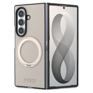 Калъф Guess Ring Stand Grained Classic Logo, съвместим с MagSafe за Samsung Galaxy Z Fold8 Ultra, бежов