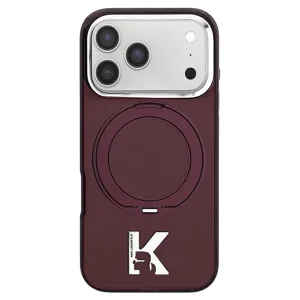 Калъф Karl Lagerfeld 3D Rubber Glitter Logo Karl Hardcase IML Ring Stand, съвместим с MagSafe Kameo Metal за iPhone 18 Pro / iPhone 17 Pro, бордо