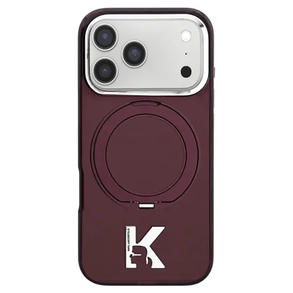 Калъф Karl Lagerfeld 3D Rubber Glitter Logo Hardcase IML Ring Stand, съвместим с MagSafe за iPhone 18 Pro Max / iPhone 17 Pro Max, бордо 1