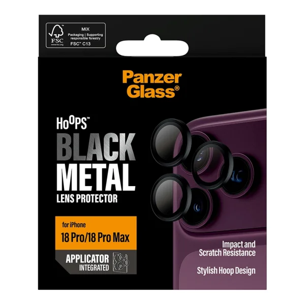 Стъклен протектор за камера PaznerGlass Hoops за iPhone 17 Pro / 17 Pro Max / 18 Pro / 18 Pro Max Camera Lens Protector, черен 6
