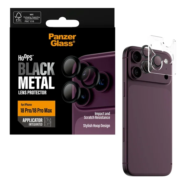 Стъклен протектор за камера PaznerGlass Hoops за iPhone 17 Pro / 17 Pro Max / 18 Pro / 18 Pro Max Camera Lens Protector, черен 4