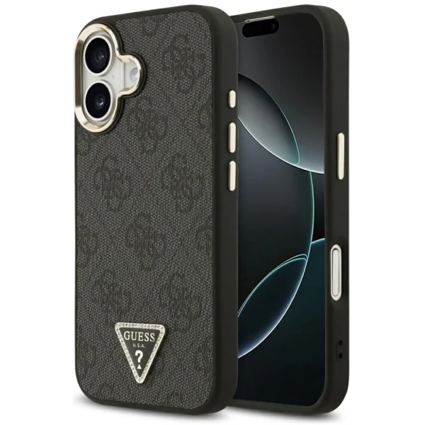 Гръб Guess PU Leather 4G Strass Triangle Logo Gold Frame MagSafe Case for iPhone 17 - Black 1