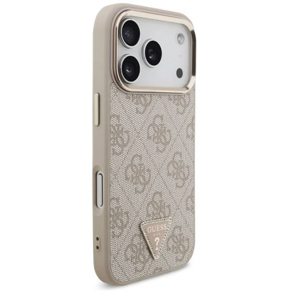 Калъф Guess PU Leather 4G Strass Triangle Logo Gold Frame, съвместим с Magsafe Case за iPhone 18 Pro, розов 4