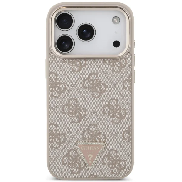 Калъф Guess PU Leather 4G Strass Triangle Logo Gold Frame, съвместим с Magsafe Case за iPhone 18 Pro, розов 3