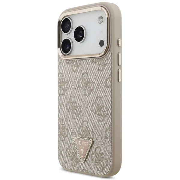 Калъф Guess PU Leather 4G Strass Triangle Logo Gold Frame, съвместим с Magsafe Case за iPhone 18 Pro, розов 2