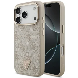 Калъф Guess PU Leather 4G Strass Triangle Logo Gold Frame, съвместим с Magsafe Case за iPhone 18 Pro, розов