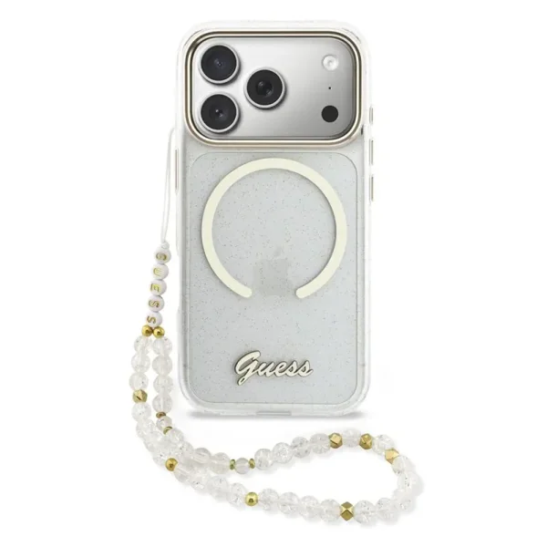 Калъф Guess IML Glitter Script Strap, съвместим с Magsafe Case за iPhone 18 Pro Max, прозрачен 1