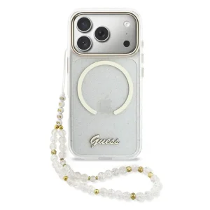Калъф Guess IML Glitter Script Strap, съвместим с Magsafe Case за iPhone 18 Pro Max, прозрачен