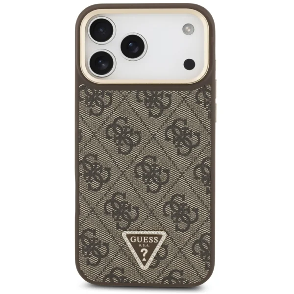 Калъф Guess PU Leather 4G Strass Triangle Logo Gold Frame, съвместим с Magsafe Case за iPhone 18 Pro Max, кафяв 3