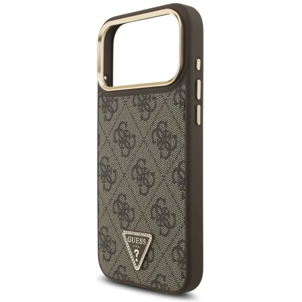 Калъф Guess PU Leather 4G Strass Triangle Logo Gold Frame, съвместим с Magsafe Case за iPhone 18 Pro Max, кафяв 6