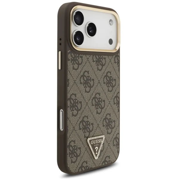Калъф Guess PU Leather 4G Strass Triangle Logo Gold Frame, съвместим с Magsafe Case за iPhone 18 Pro Max, кафяв 4