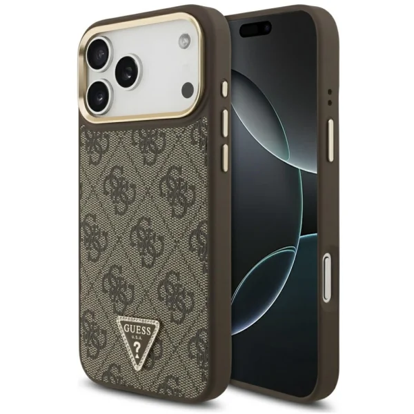 Калъф Guess PU Leather 4G Strass Triangle Logo Gold Frame, съвместим с Magsafe Case за iPhone 18 Pro Max, кафяв 1