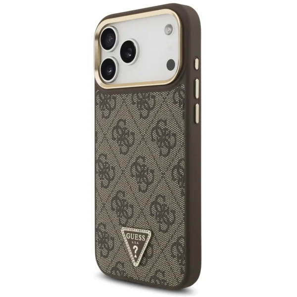 Калъф Guess PU Leather 4G Strass Triangle Logo Gold Frame, съвместим с Magsafe Case за iPhone 18 Pro Max, кафяв 2