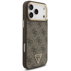 Калъф Guess PU Leather 4G Strass Triangle Logo Gold Frame, съвместим с Magsafe Case за iPhone 18 Pro Max, кафяв 4