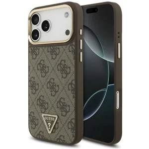 Калъф Guess PU Leather 4G Strass Triangle Logo Gold Frame, съвместим с Magsafe Case за iPhone 18 Pro Max, кафяв