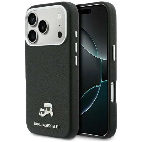 Калъф Karl Lagerfeld PU Karl and Choupette Heads Pins, съвместим с Magsafe Case за iPhone 18 Pro, черен 1