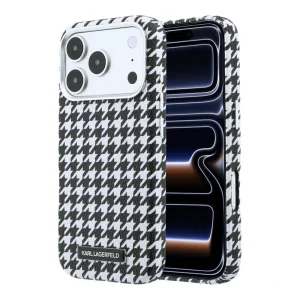 Калъф Karl Lagerfeld PU Houndstooth Resin Plate, съвместим с MagSafe Case за iPhone 18 Pro, черен
