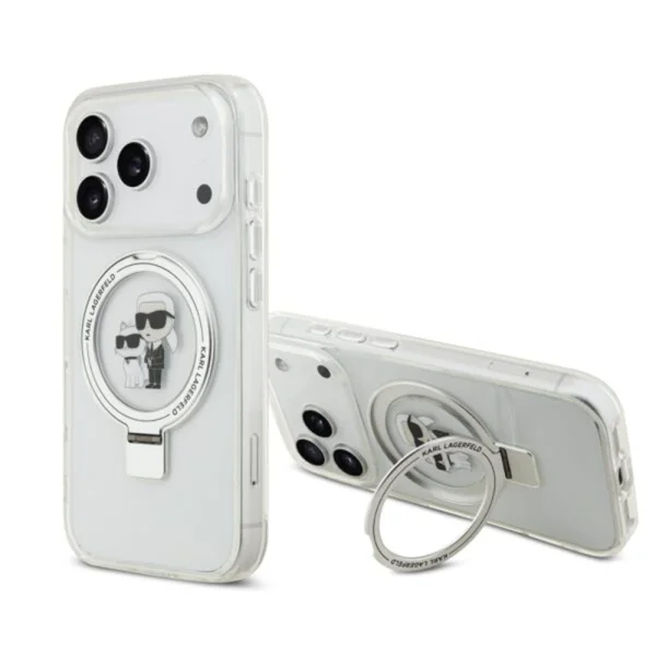 Калъф Karl Lagerfeld Ringstand Karl and Choupette, съвместим с MagSafe Case за iPhone 18 Pro Max, бял 1