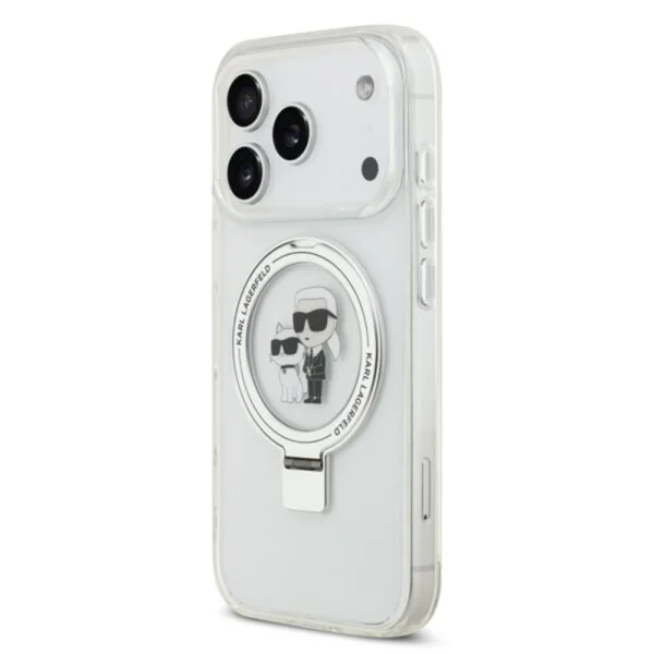 Калъф Karl Lagerfeld Ringstand Karl and Choupette, съвместим с MagSafe Case за iPhone 18 Pro Max, бял 2